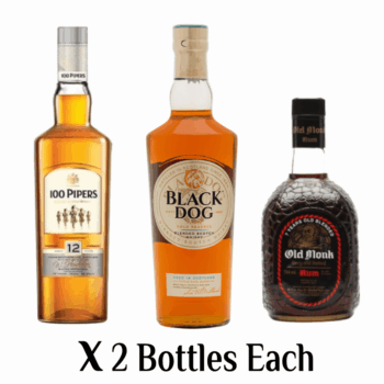 Old Monk 7YO Rum + 100 Pipers 12YO + Black Dog Triple Gold Reserve – 6 Bottle Combo Pack (2 Each)